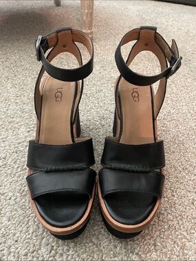UGG Black Leather Platform Ankle-Strap Sandals